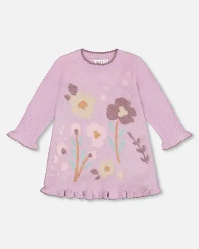 Deux Par Deux Baby Girl's Knitted Dress With Flowers Lilac In Lavender Herb