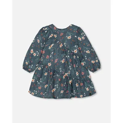 Deux Par Deux Baby Girl's Long Sleeve Muslin Dress Teal Printed Flowers In Printed Edelweiss