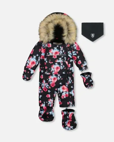 Deux Par Deux Baby Girl's One Piece Baby Snowsuit Black Printed Roses Designed For Car Seat