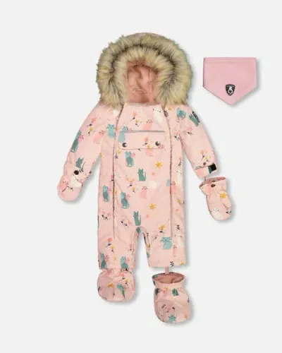 Deux Par Deux Baby Girl's One Piece Baby Snowsuit Light Pink Printed Cats Designed For Car Seat