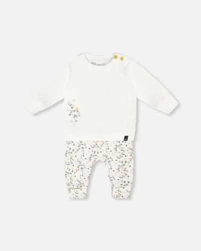 Deux Par Deux Baby Girl's Organic Cotton Top And Printed Pants Set Cream With Flowers In Printed Flowers