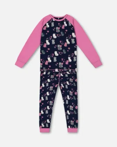 Deux Par Deux Baby Girl's Organic Cotton Two Piece Pajama Set Navy Printed Cats