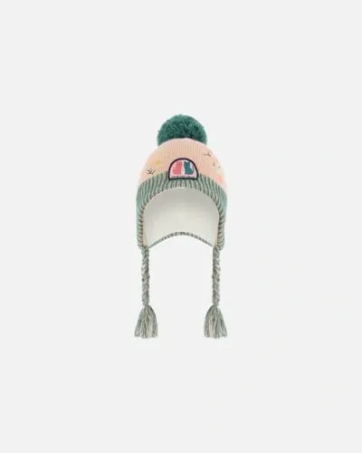 Deux Par Deux Baby Girl's Peruvian Knit Hat Light Pink, Sage Green And Flowers In Embroidered Flowers