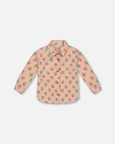 Deux Par Deux Baby Girl's Printed Polar Fleece Shirt Peach With Blue Flowers In Printed Flowers