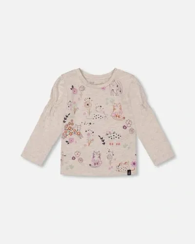 Deux Par Deux Baby Girl's Printed T-shirt Beige Mix Printed Cats In Oatmeal