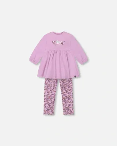 Deux Par Deux Baby Girl's Tunic And Printed Leggings Set Lilac Mini Flowers In Printed Lilac Little Flowers