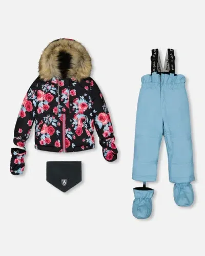 Deux Par Deux Baby Girl's Two Piece Baby Snowsuit Air Blue Printed Roses