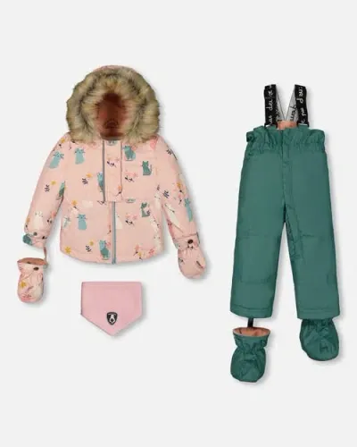 Deux Par Deux Baby Girl's Two Piece Baby Snowsuit Sage Green And Printed Cats In Sagebrush Green