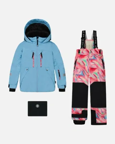 Deux Par Deux Kids'  Big Girl's Two Piece Technical Snowsuit Air Blue And Printed Marble