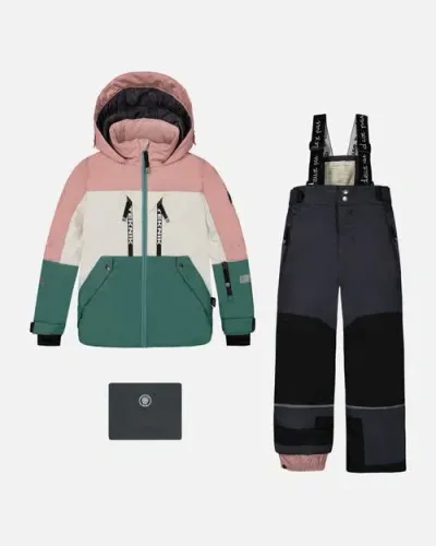 Deux Par Deux Kids'  Big Girl's Two Piece Technical Snowsuit Pink, White And Sage With Dark Grey In India Ink