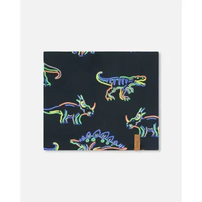 Deux Par Deux Babies'  Boy's Mid-season Jersey Neckwarmer Black Printed Neon Dino In Printed Dinos