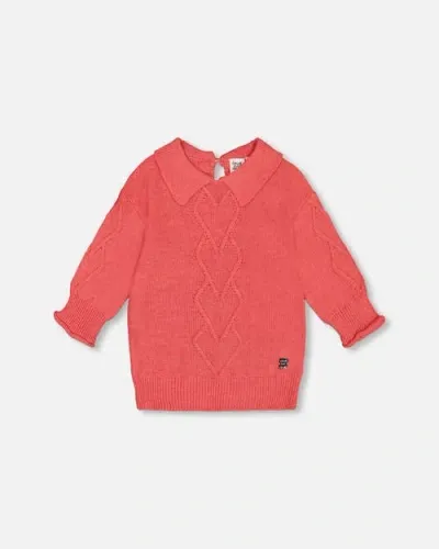 Deux Par Deux Kids'  Girl's 3/4 Knit Sweater With Collar Coral In Tea Rose