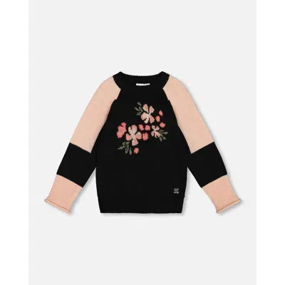 Deux Par Deux Kids'  Girl's Colorblock Knit Sweater With Intarsia Black In Anthracite