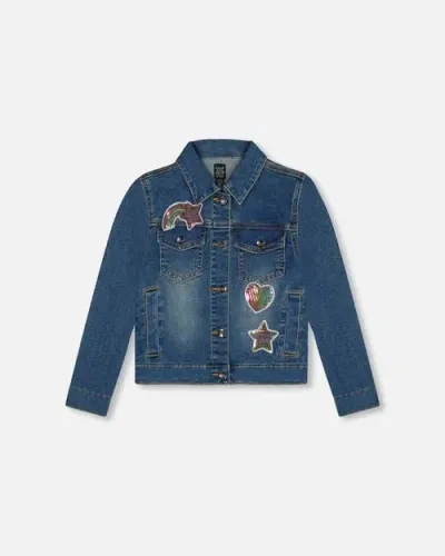 Deux Par Deux Kids'  Girl's Denim Jacket With Embroidery Patch In Navy Denim