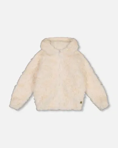 Deux Par Deux Kids'  Girl's Embroidered Faux Fur Cardigan Off White