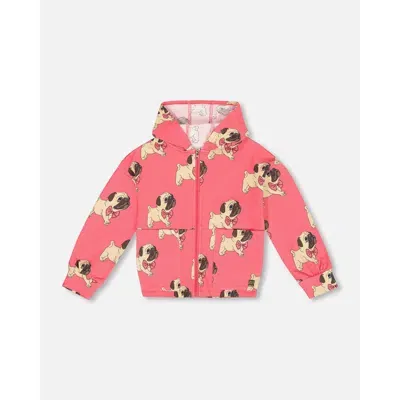 Deux Par Deux Kids'  Girl's Fleece Hooded Cardigan Magenta Printed Pug In Printed Puppy Pug