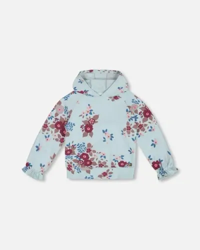 Deux Par Deux Kids'  Girl's Fleece Hoodie Light Blue Printed Big Flowers In Big Flowers On Blue