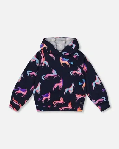 Deux Par Deux Kids'  Girl's Hooded Sweatshirt Navy Printed Unicorn In Printed Unicorns