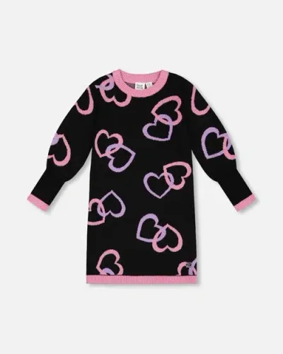 Deux Par Deux Kids'  Girl's Jacquard Hearts Dress Black In Hearts Jacquard