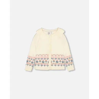 Deux Par Deux Kids'  Girl's Jacquard Knit Cardigan Off White With Flowers