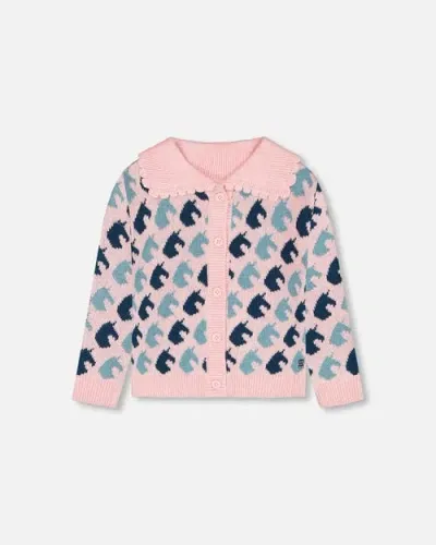 Deux Par Deux Kids'  Girl's Jacquard Knit Cardigan Pink Unicorn In Pink Jacquard Unicorn