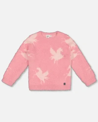 Deux Par Deux Kids'  Girl's Jacquard Unicorn Sweater Hairy Knit Pink In Mauve Glow