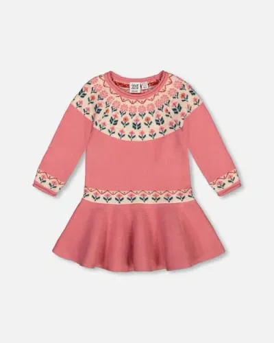 Deux Par Deux Kids'  Girl's Knit Dress With Round Intarsia Flowers Light Pink In Rosette