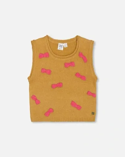 Deux Par Deux Kids'  Girl's Knit Vest With Bows Golden Brown In Rooibos Tea