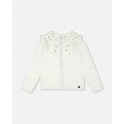 Deux Par Deux Kids'  Girl's Knitted Cardigan With Beaded Collar Off White