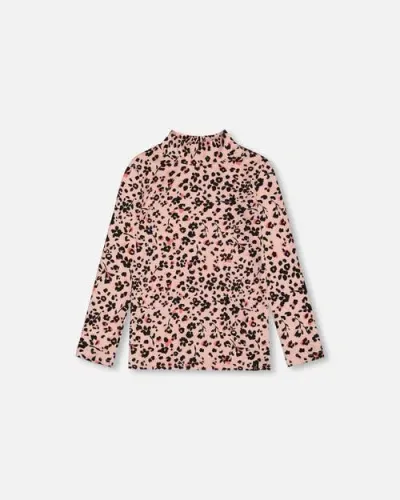 Deux Par Deux Kids'  Girl's Long Sleeve Mock Neck Top Pink Printed Leopard Flowers In Animal Flowers Print