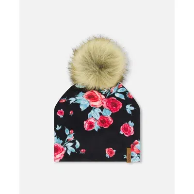 Deux Par Deux Kids'  Girl's Mid-season Jersey Detachable Pompom Hat Black Printed Roses