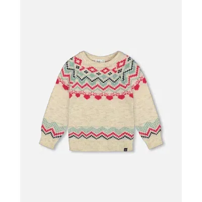 Deux Par Deux Kids'  Girl's Norwegian Jacquard Sweater Beige Mix In Off White