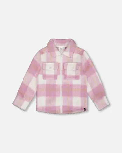 Deux Par Deux Kids'  Girl's Overshirt Wool-effect With Pockets Plaid Lilac And Off White In Plaid Lilac & Off White