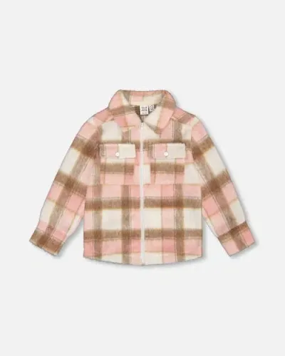 Deux Par Deux Kids'  Girl's Overshirt Wool-effect With Pockets Plaid Pink, Nougat And Off White In Plaid Pink, Brown & Off White