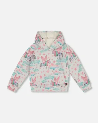 Deux Par Deux Kids'  Girl's Printed Shiny French Terry Hoodie Gray Mix Printed Unicorn In Printed Angel Unicorns