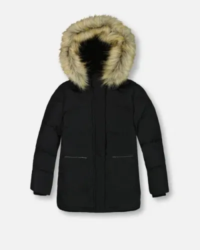 Deux Par Deux Kids'  Girl's Puffy Long Coat Black In Anthracite