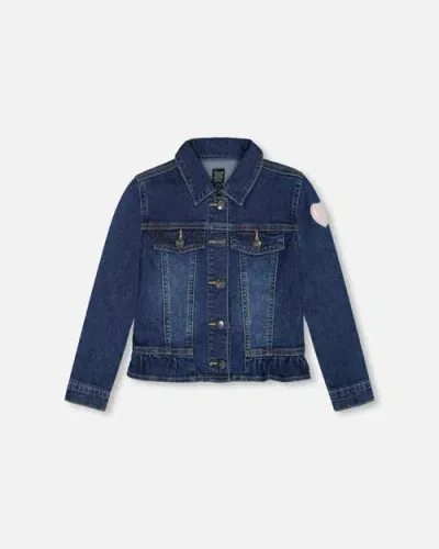 Deux Par Deux Kids'  Girl's Stretch Denim Jacket With Unicorn In Navy Denim