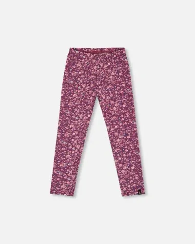 Deux Par Deux Kids'  Girl's Stretch Leggings Burgundy Printed Little Flowers In Mini Flowers On Burgundy