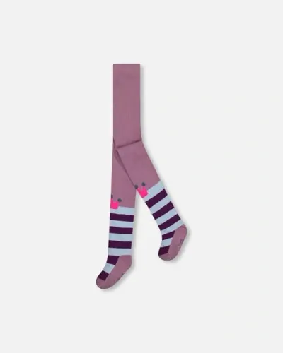 Deux Par Deux Babies'  Girl's Striped Tights With Crown Knees Mauve In Blue & Burgundy Stripe