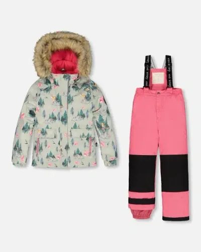 Deux Par Deux Kids'  Girl's Two Piece Snowsuit Candy Pink Printed Deer In Azalea Pink