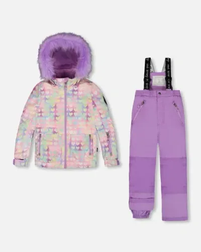 Deux Par Deux Kids'  Girl's Two Piece Snowsuit Solid Pant Lilac With Jacket Printed Hearts In Sheer Lilac