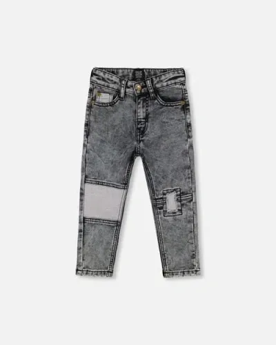 Deux Par Deux Babies'  Little Boy's French Terry Black Denim Pants With Contrasting Patch In Black Denim Textured