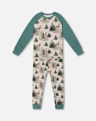 Deux Par Deux Babies'  Little Boy's Organic Cotton Two Piece Pajama Set Gray Mix And Green Printed Reindeer In Printed Christmas Deer