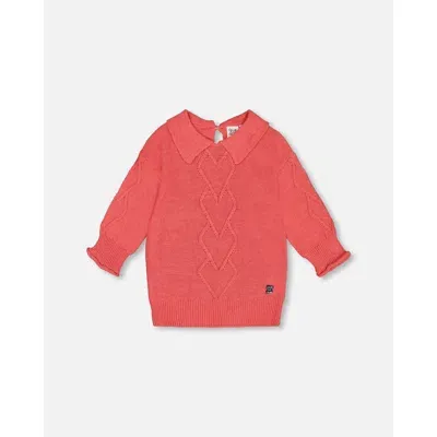 Deux Par Deux Kids'  Little Girl's 3/4 Knit Sweater With Collar Coral In Tea Rose