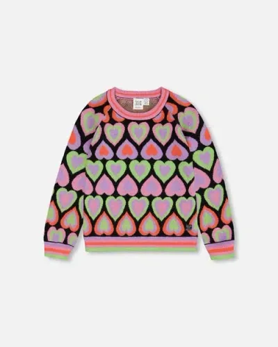 Deux Par Deux Kids'  Little Girl's Jacquard Hearts Sweater Multicolor In Hearts Jacquard