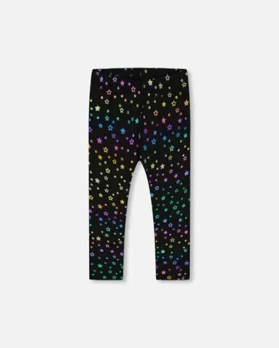 Deux Par Deux Kids'  Little Girl's Leggings Allover Foil Black Printed Stars In Printed Foil Stars