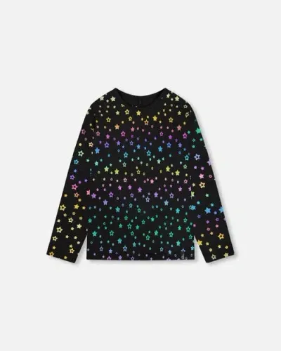 Deux Par Deux Kids'  Little Girl's Long Sleeve T-shirt Foil Black Printed Stars In Printed Foil Stars