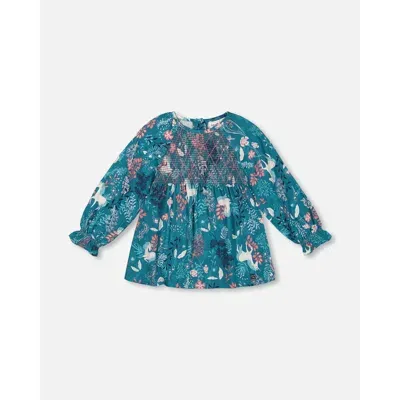 Deux Par Deux Babies'  Little Girl's Long Sleeve Viscose Blouse Turquoise Printed Fairy Unicorn In Unicorn In The Fields