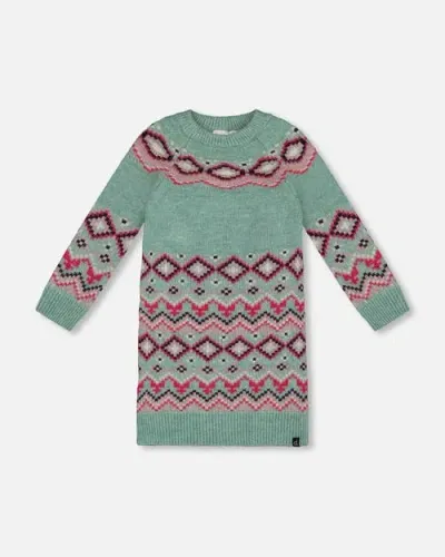 Deux Par Deux Kids'  Little Girl's Norwegian Jacquard Knit Dress Mint In Jadeite