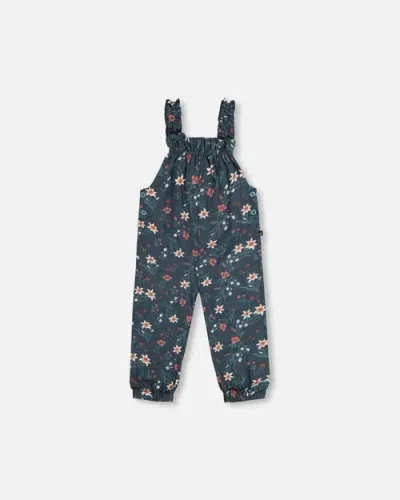 Deux Par Deux Kids'  Little Girl's Printed Muslin Overall Teal With Flowers In Printed Edelweiss